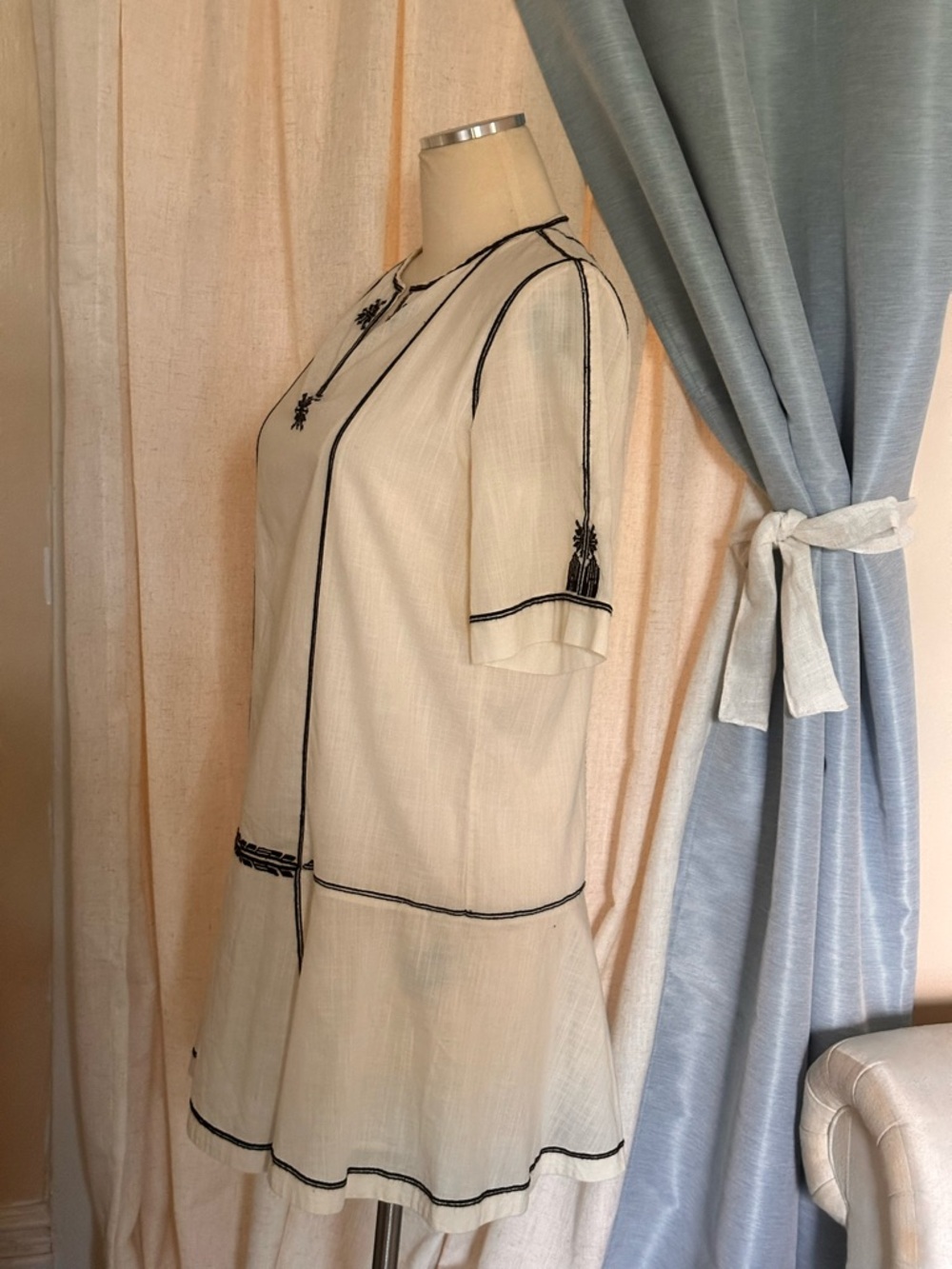 Isabel Marant Etoile Relly Cream Embroidered Drop-Waist Tunic Dress W/Black Trim - Picture 2 of 8